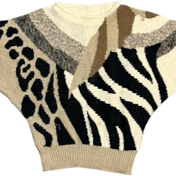 Vintage Animal Print Abstract Sweater Zebra Leopard Neutral Black Beige Size M/L - Picture 2 of 4